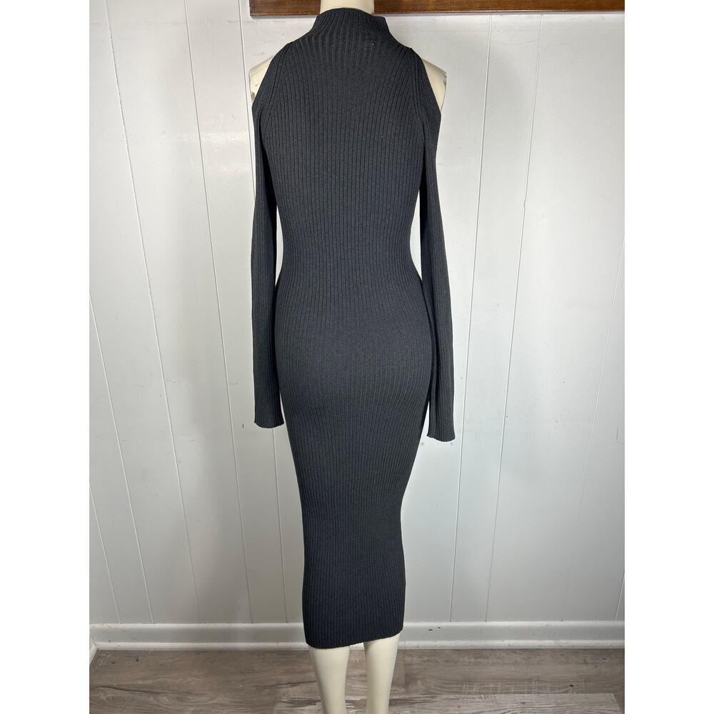 ASTR The Label Cold Shoulder Mock Neck Midi Ribbed Bodycon Grey Sweater Dress M - Picture 3 of 6